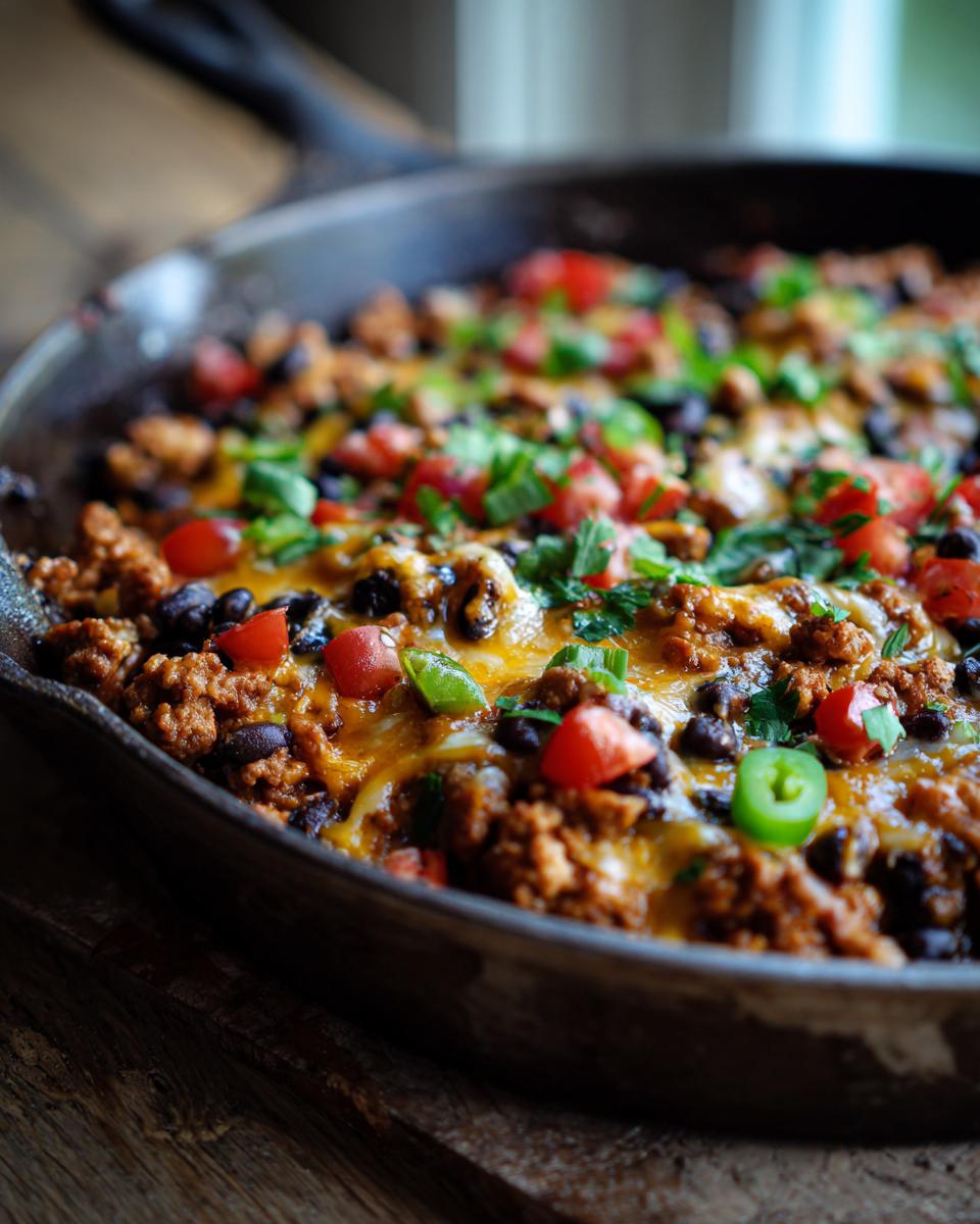 Close-up of a One-Pot Turkey Taco Skillet in a cast iron pan, topped with cheese, tomatoes, and black beans.