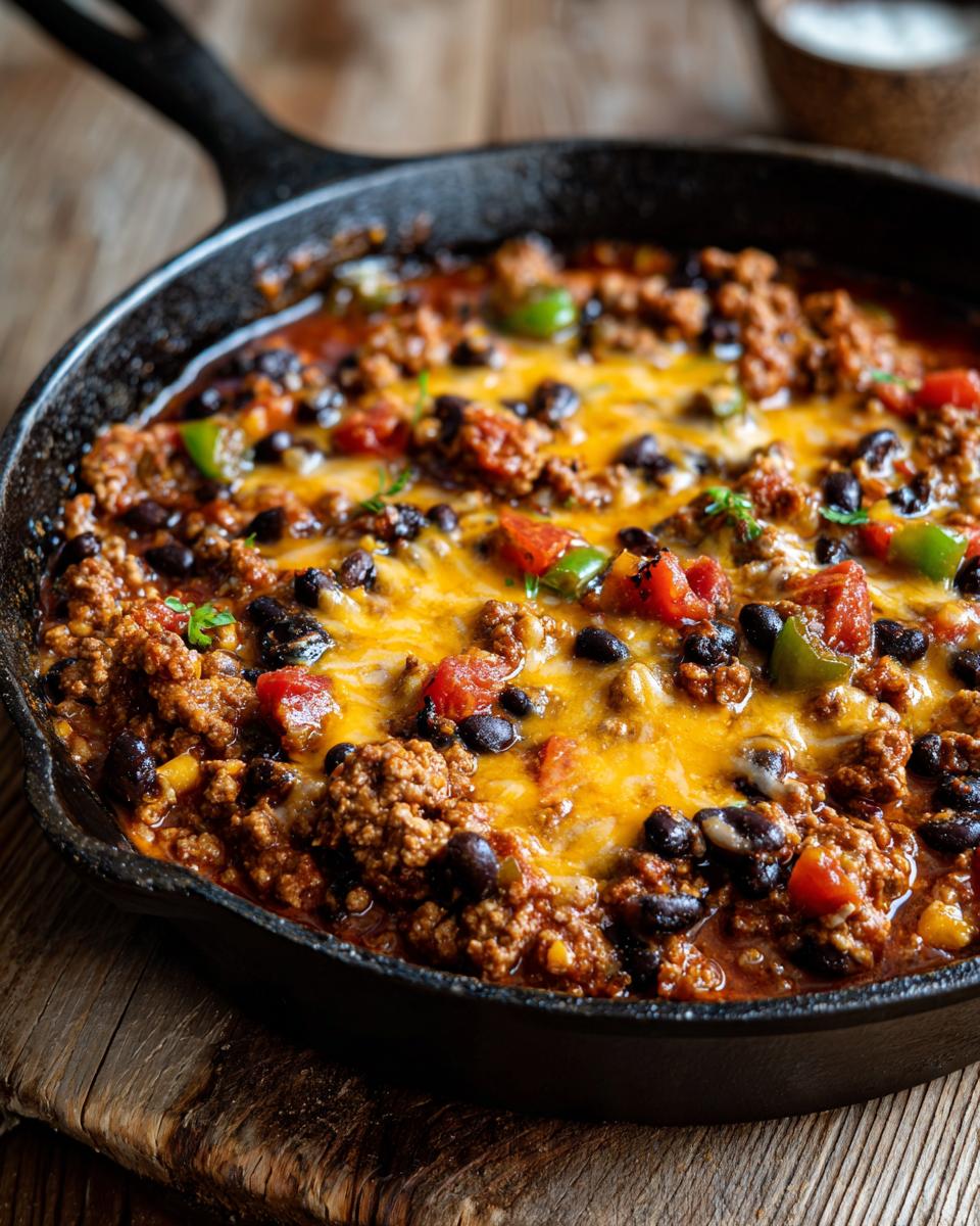 Close-up of a One-Pot Turkey Taco Skillet with melted cheese, black beans, and vegetables in a cast iron pan.