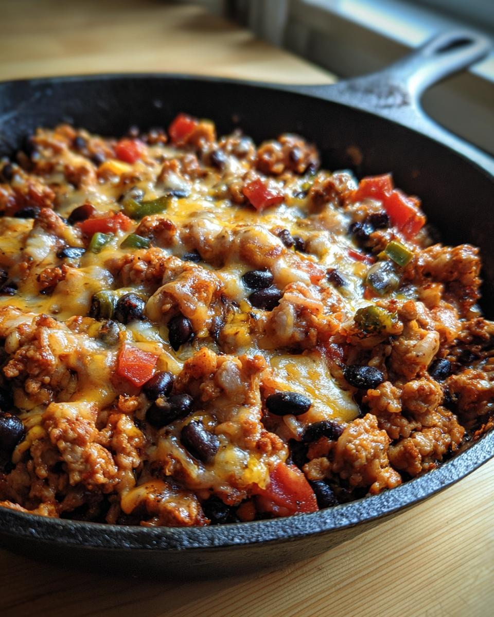Close-up of a One-Pot Turkey Taco Skillet in a cast iron pan, topped with melted cheese, black beans, and diced tomatoes.