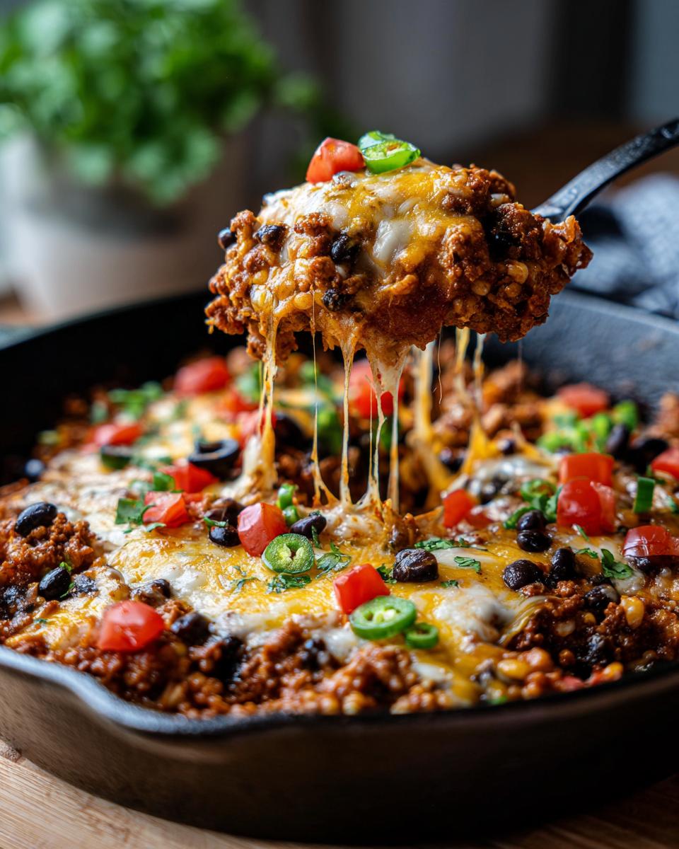 A spoonful of One-Pot Turkey Taco Skillet with melted cheese, black beans, tomatoes, and jalapeños is being lifted.