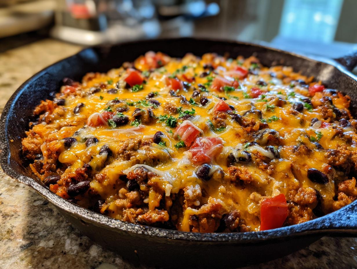 A delicious One-Pot Turkey Taco Skillet in a cast iron pan, topped with melted cheese, black beans, and diced tomatoes.