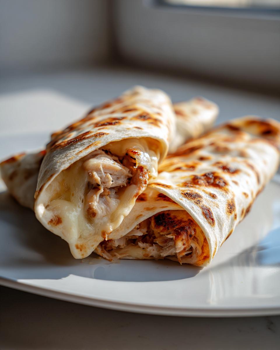 Three Ooey-Gooey Cheesy Garlic Chicken Wraps on a white plate, showcasing melted cheese and grilled tortilla.