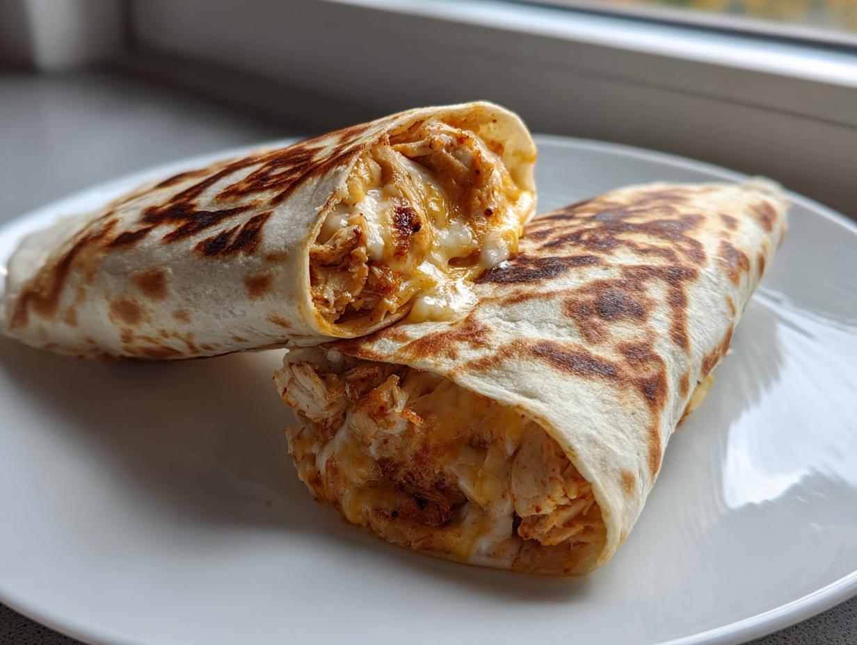Two halves of an Ooey-Gooey Cheesy Garlic Chicken Wraps on a white plate, showcasing the melted cheese and chicken filling.