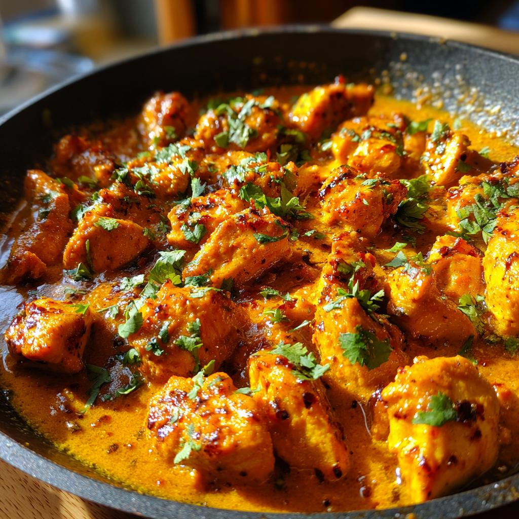 Close-up of Ooey-Gooey Cheesy Garlic Chicken pieces in a pan with sauce and cilantro.