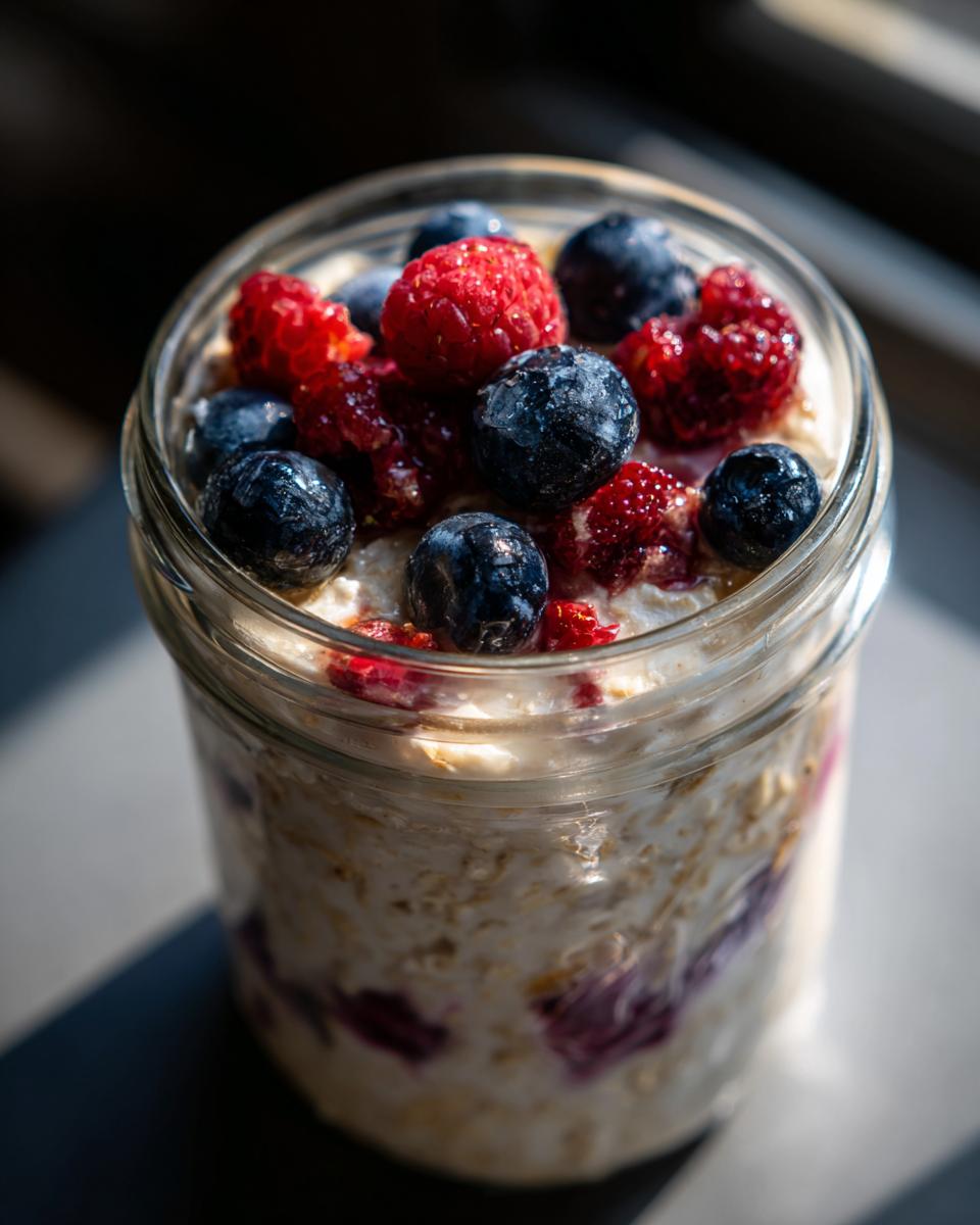 Overnight oats in a jar topped with fresh blueberries and raspberries, perfect for Breakfast Ideas for Busy Weeknights.