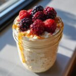 Jar of overnight oats topped with raspberries, blackberries, and caramel, perfect for Breakfast Ideas for Busy Weeknights.