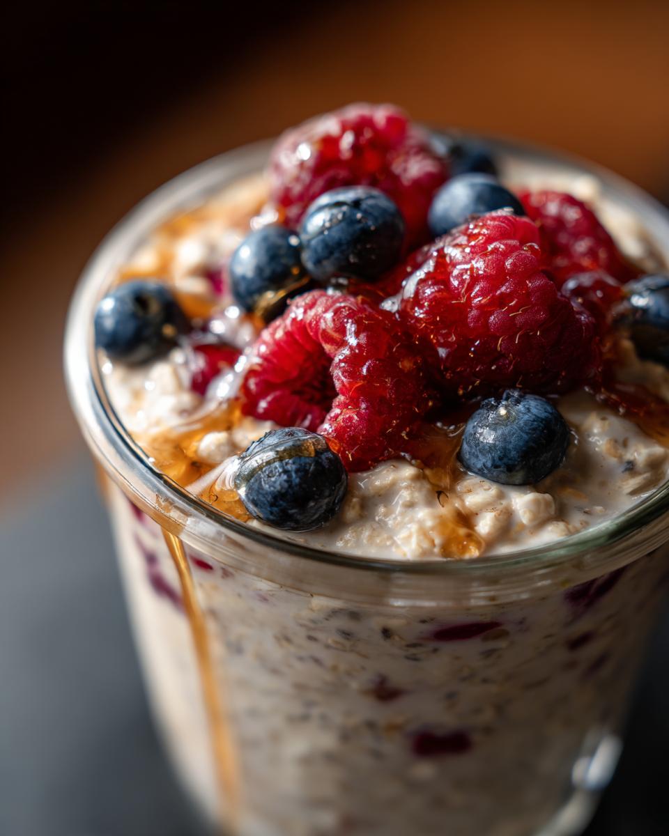 Overnight oats in a glass jar, topped with fresh raspberries, blueberries, and a drizzle of honey, perfect for Breakfast Ideas for Busy Weeknights.