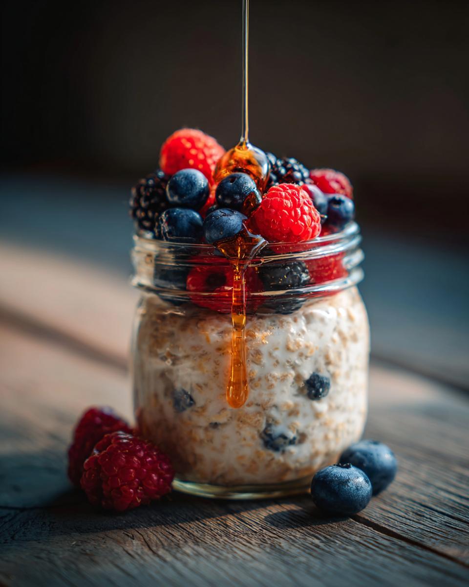 Overnight oats in a jar topped with berries and honey, perfect for Breakfast Ideas for Busy Weeknights.