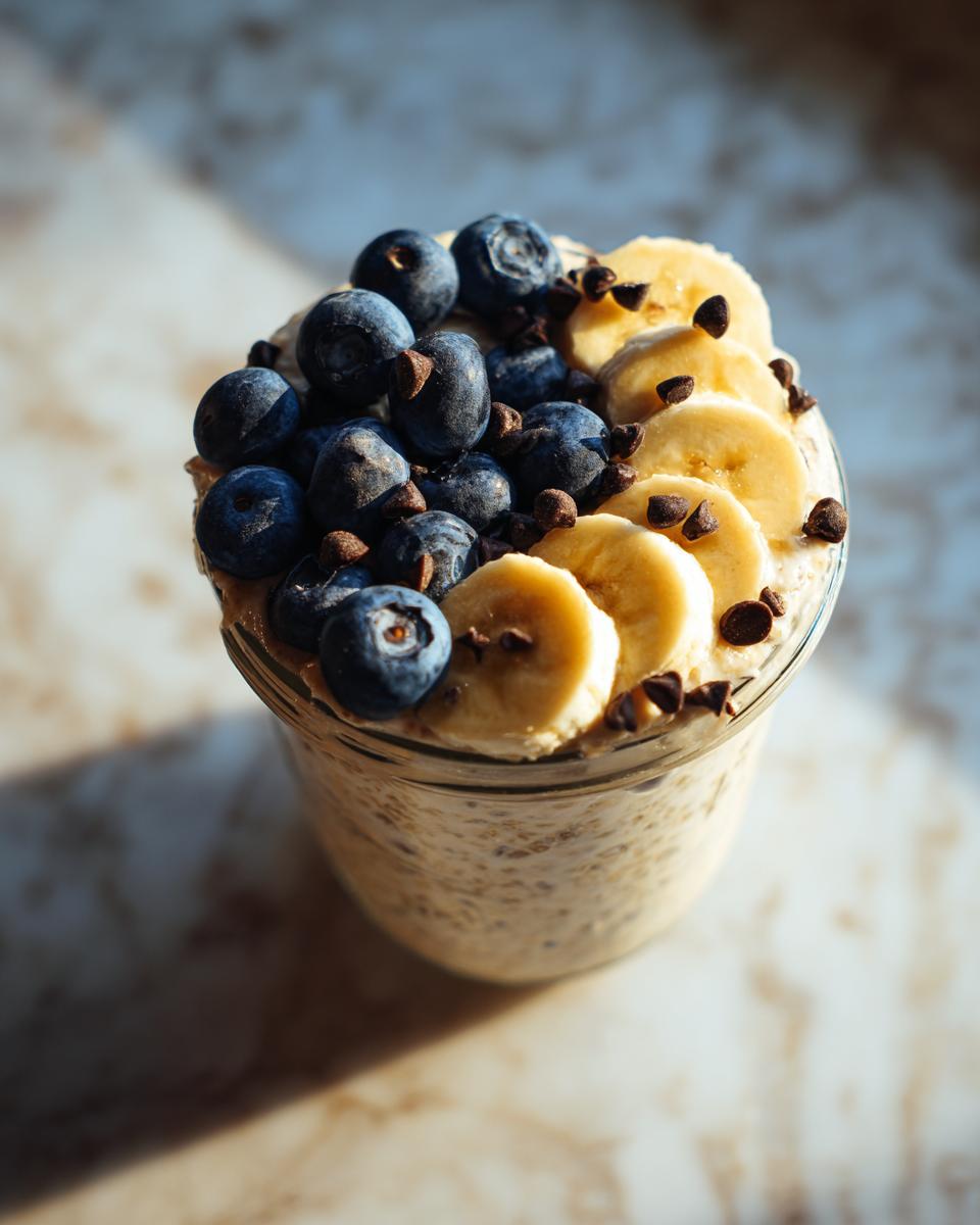 Jar of Overnight Oats topped with fresh blueberries, banana slices, and chocolate chips.