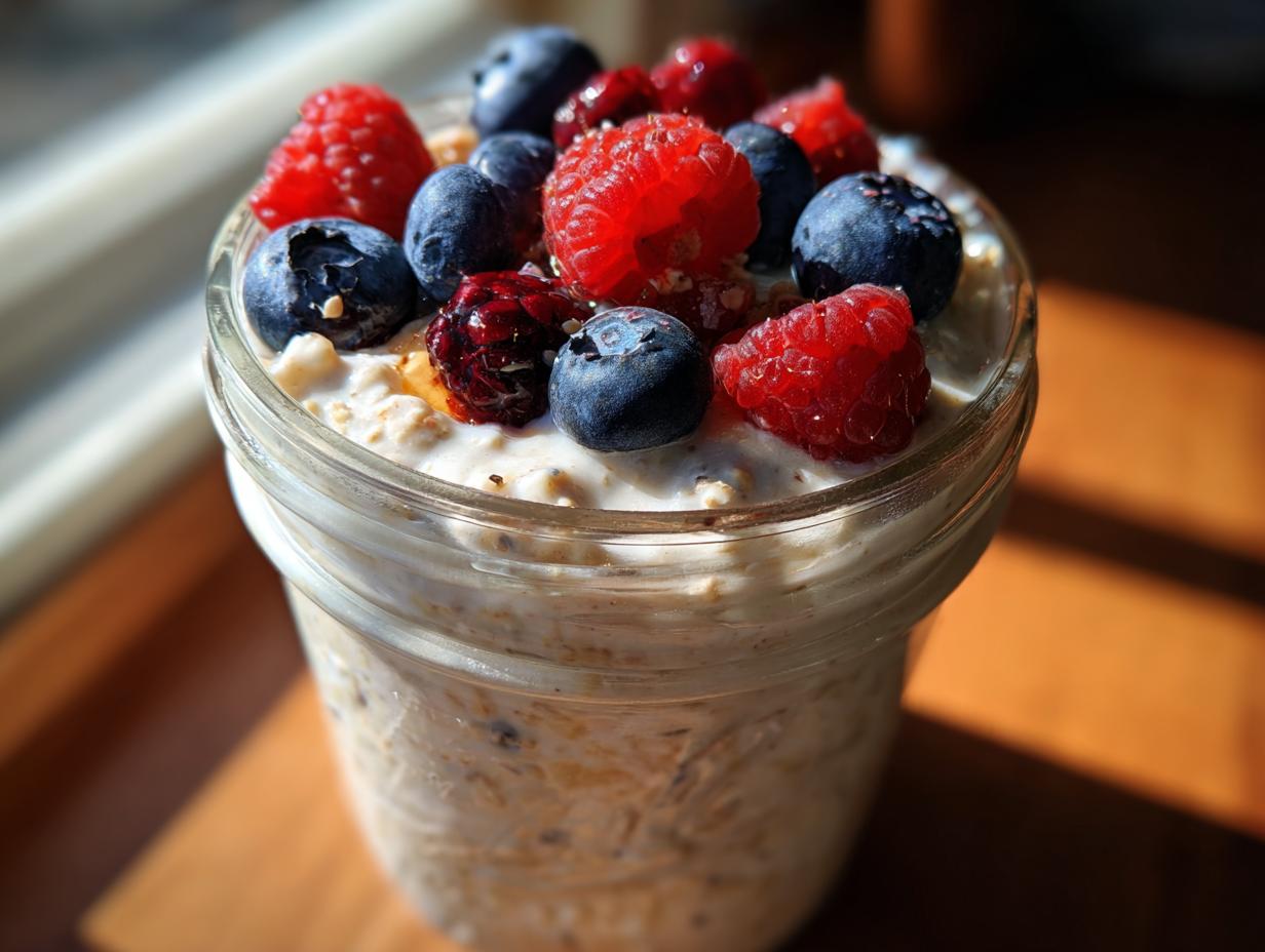 Jar of overnight oats topped with fresh raspberries and blueberries, perfect for Breakfast Ideas for Busy Weeknights.
