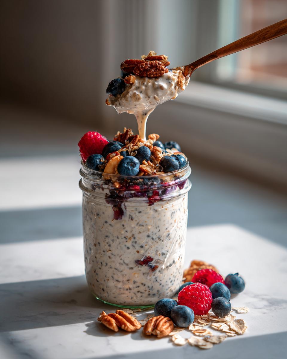 Overnight oats in a jar topped with berries and nuts. Spoonful being lifted, showing What Makes Perfect Breakfast Ideas? Try This.