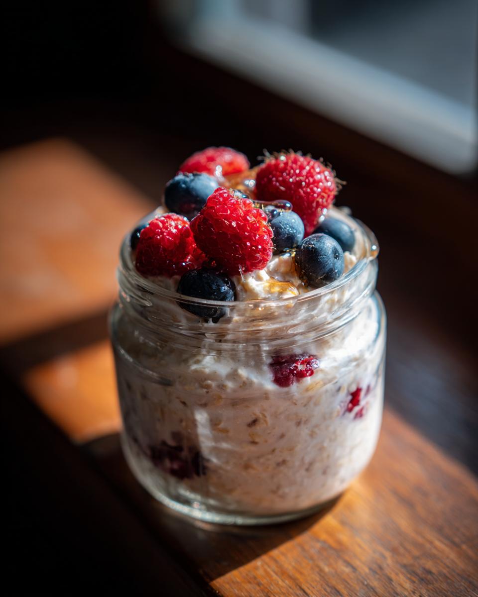 Jar of overnight oats topped with fresh raspberries and blueberries, perfect for Breakfast Ideas for Busy Weeknights.