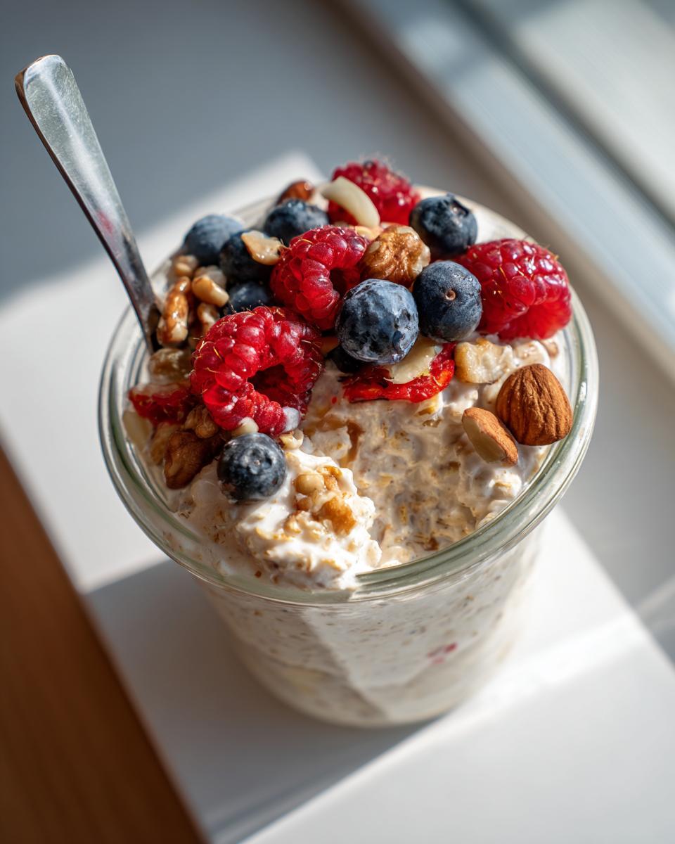 Overnight oats in a glass jar topped with fresh berries and nuts, illustrating what makes perfect breakfast ideas.