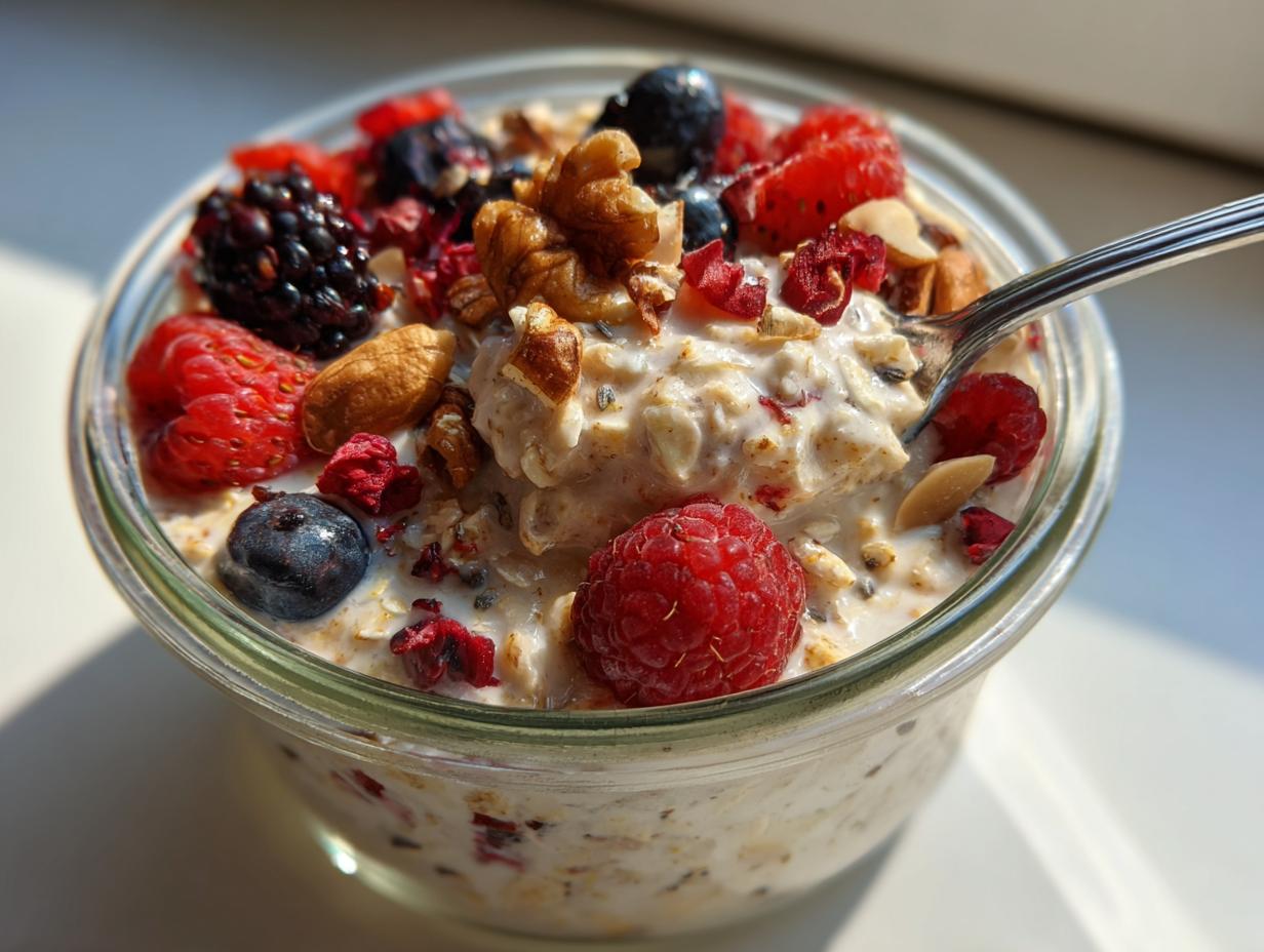 A bowl of overnight oats topped with fresh berries and nuts, showcasing What Makes Perfect Breakfast Ideas? Try This.