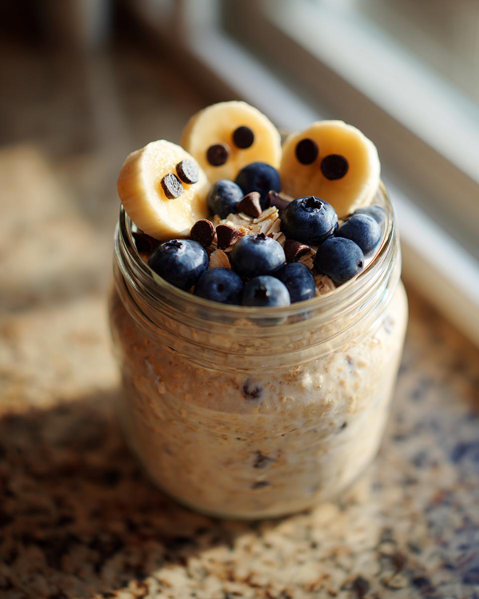 Jar of Overnight Oats with Spooky Toppings, featuring banana slices with chocolate chip eyes and fresh blueberries.
