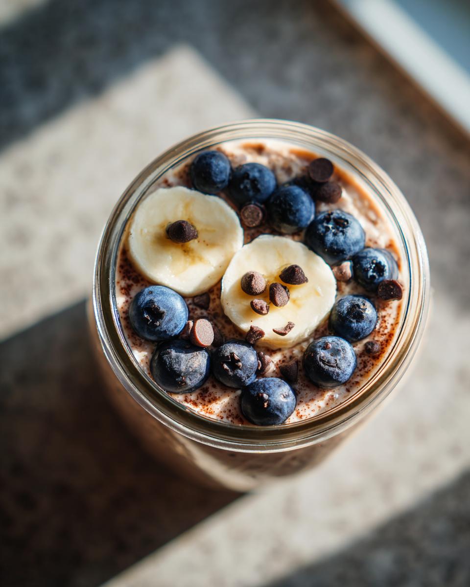 Overhead shot of Overnight Oats with Spooky Toppings, featuring blueberries, banana slices, and chocolate chips in a glass jar.