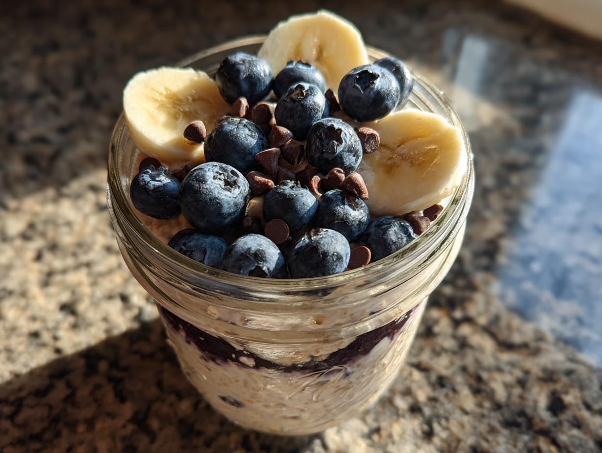 Overnight Oats with Spooky Toppings in a glass jar, topped with blueberries, banana slices, and chocolate chips.