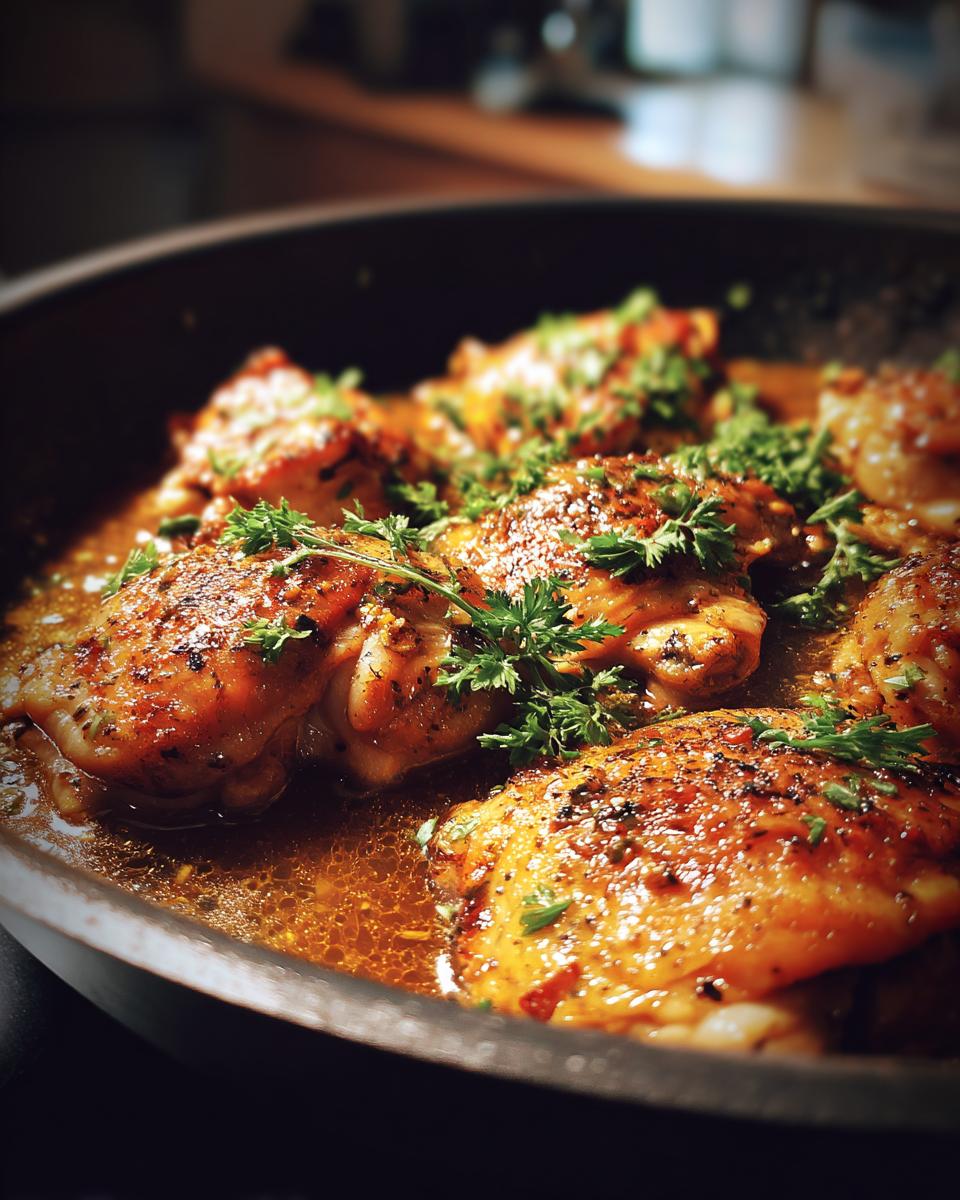 Close-up of pan-seared Chicken in 20 Minutes, garnished with fresh parsley in a skillet.