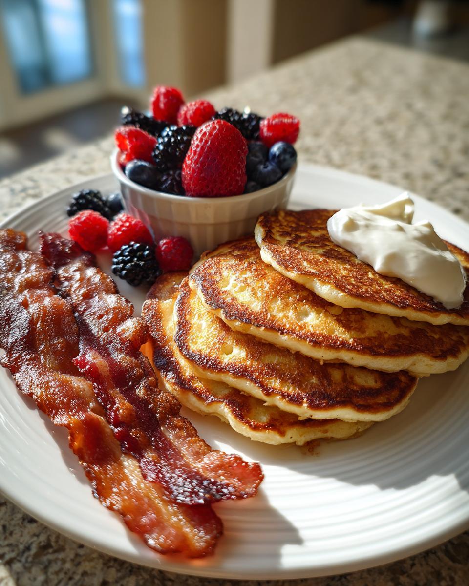 A plate of pancakes with cream, bacon, and a bowl of mixed berries. A delicious Breakfast Ideas Recipe Everyone Asks For.