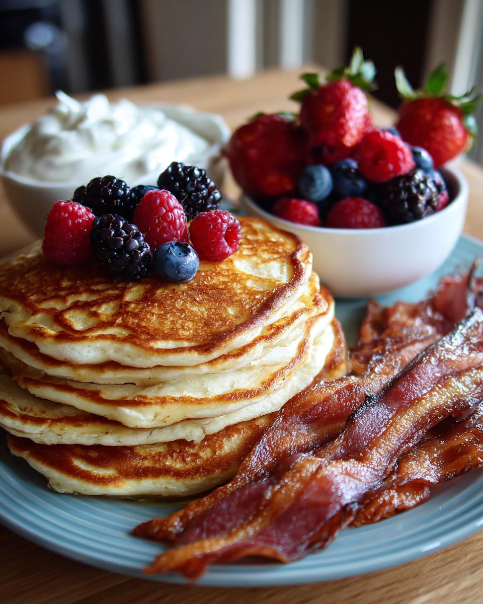 Stack of pancakes topped with berries, bacon, and whipped cream. A great Breakfast Ideas Recipe Everyone Asks For.