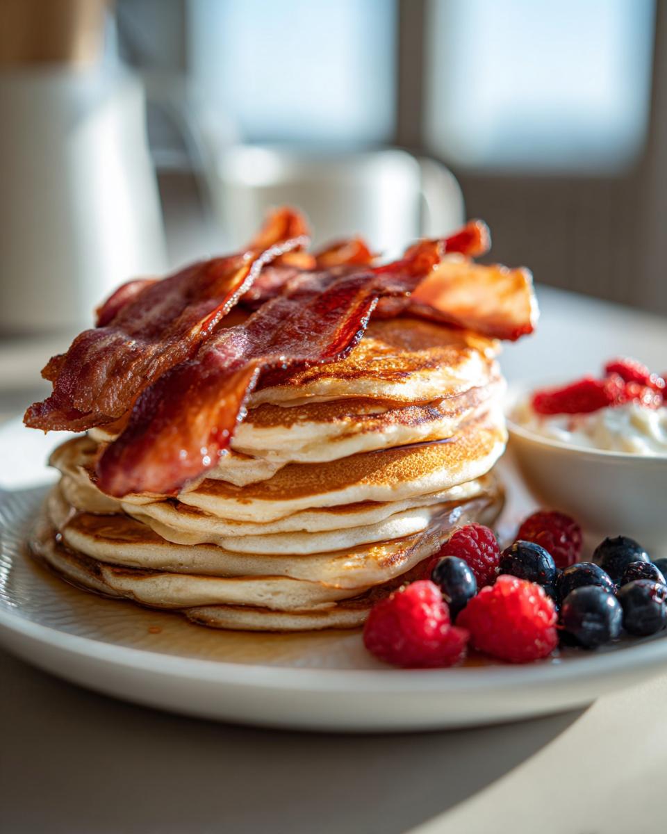 Stack of pancakes topped with bacon, served with berries and cream. A delicious breakfast ideas recipe everyone asks for.