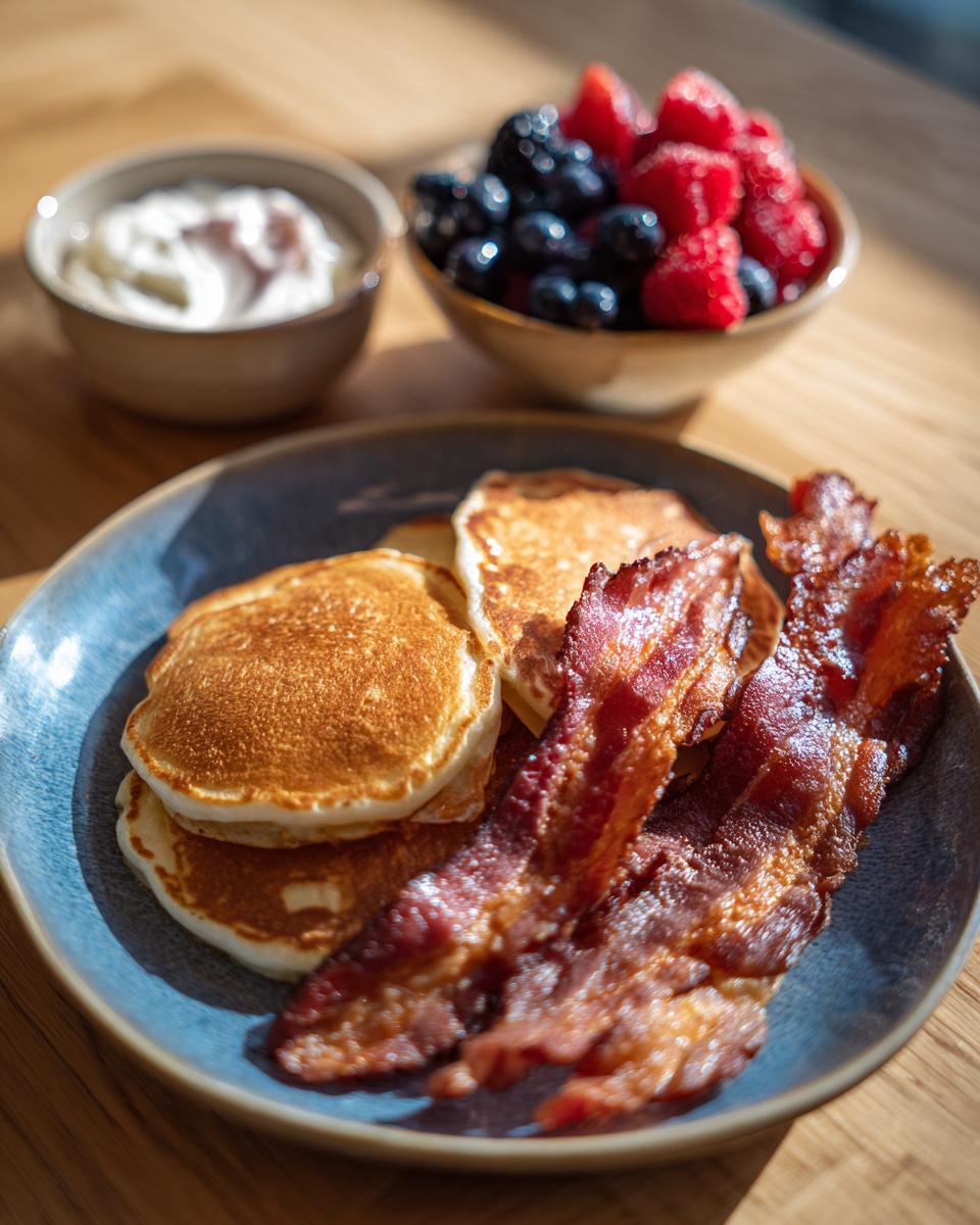 A plate of pancakes and bacon with berries and cream, perfect for Breakfast Ideas Recipe Everyone Asks For.