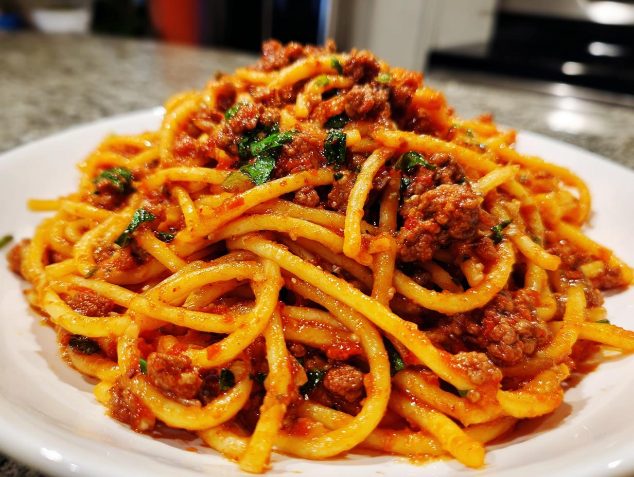 A plate of delicious pasta with meat sauce, perfect for Pasta Recipes for Busy Weeknights.