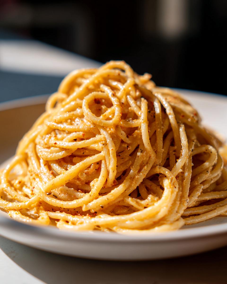 A plate of delicious pasta recipes, featuring spaghetti with a creamy sauce and seasonings.