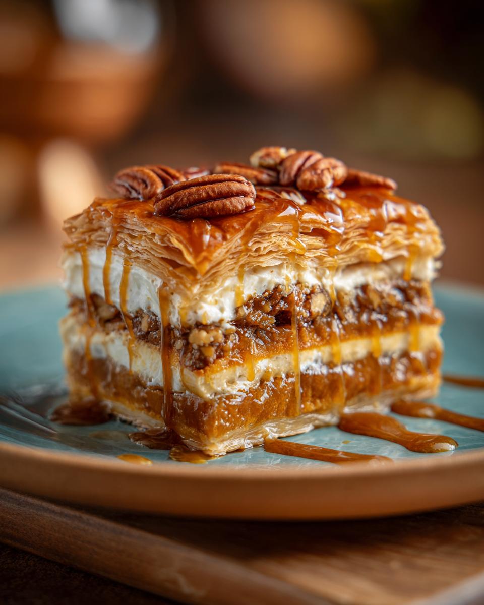 Close-up of pecan baklava, a Restaurant-Style Thanksgiving Dessert, with layers of phyllo dough, nuts, and caramel drizzle.