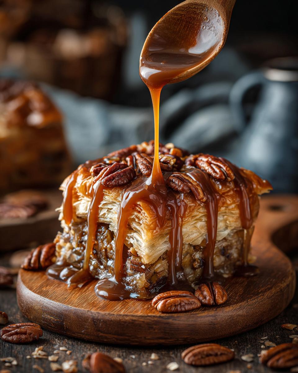 Caramel is poured over a pecan baklava, a Restaurant-Style Thanksgiving Desserts at Home.