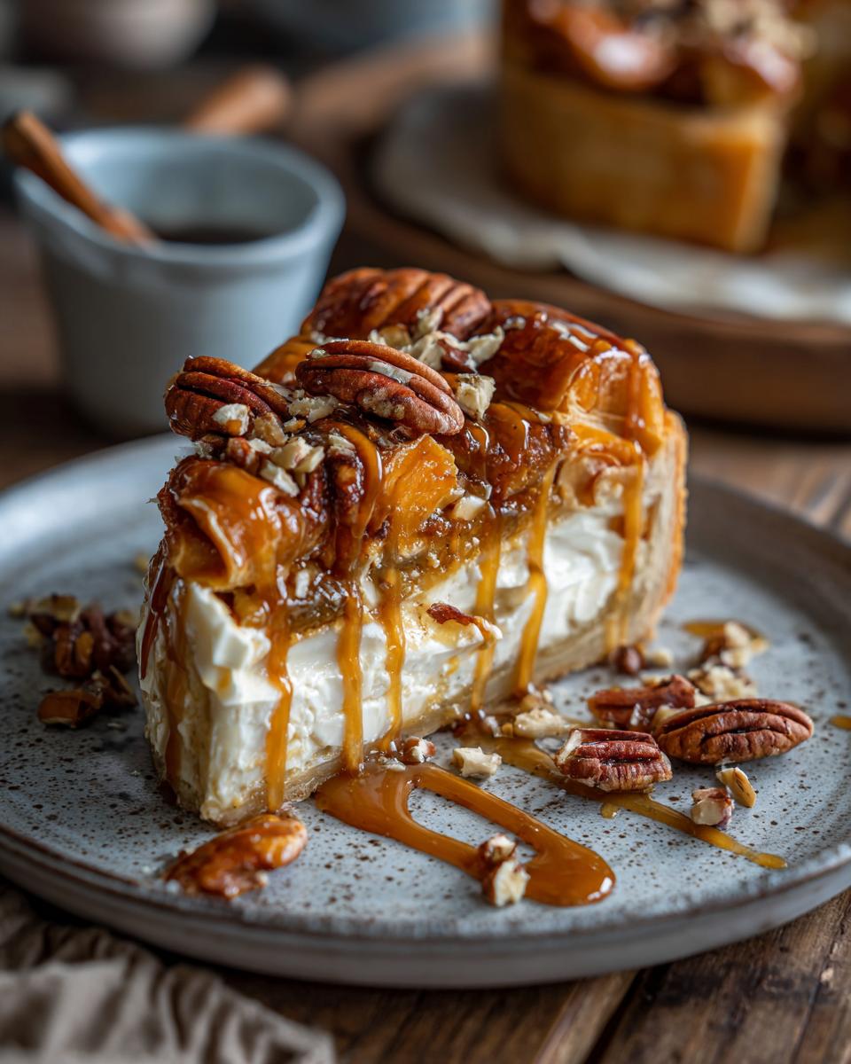 Slice of pecan caramel cheesecake, a Restaurant-Style Thanksgiving Dessert, on a rustic plate with caramel drizzle.