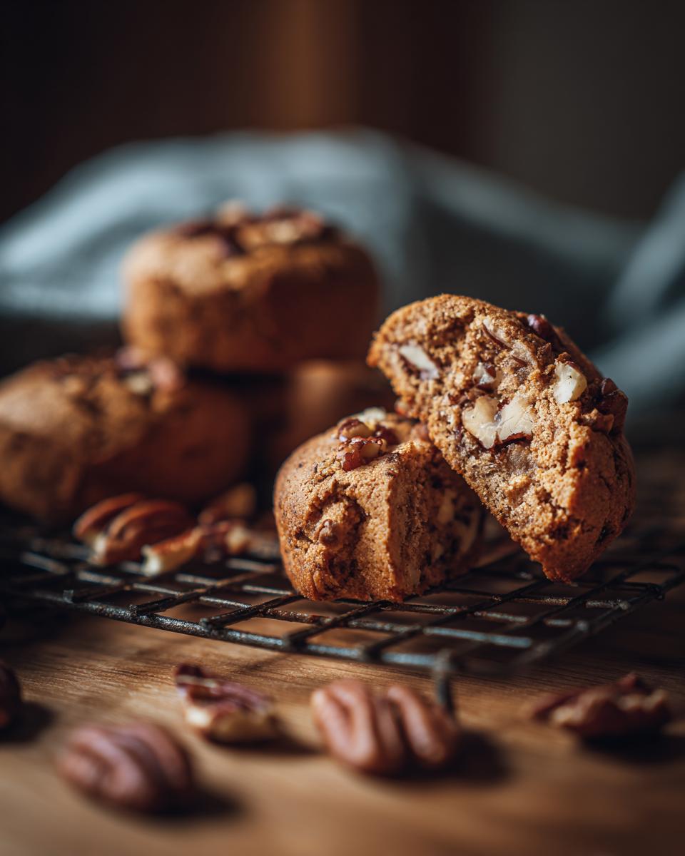 Pecan muffins, a Thanksgiving Desserts recipe, on a wire rack with pecans scattered around.