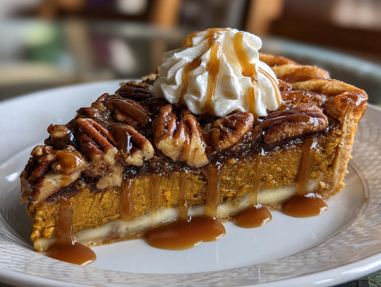 Slice of pecan pie with whipped cream and caramel drizzle, a Restaurant-Style Thanksgiving Dessert at Home.