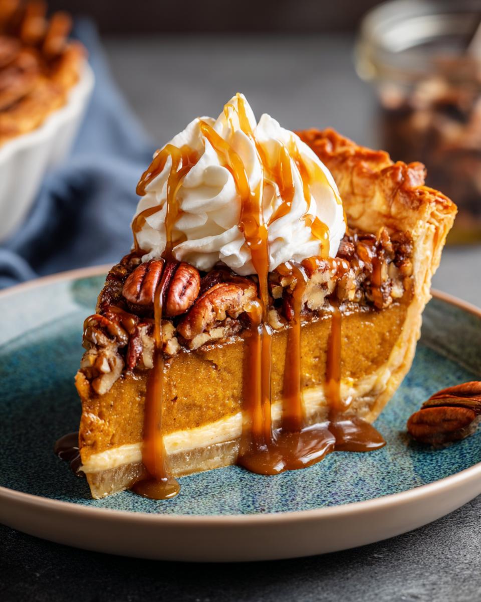 Slice of pecan pie with whipped cream and caramel drizzle, a Restaurant-Style Thanksgiving Dessert.