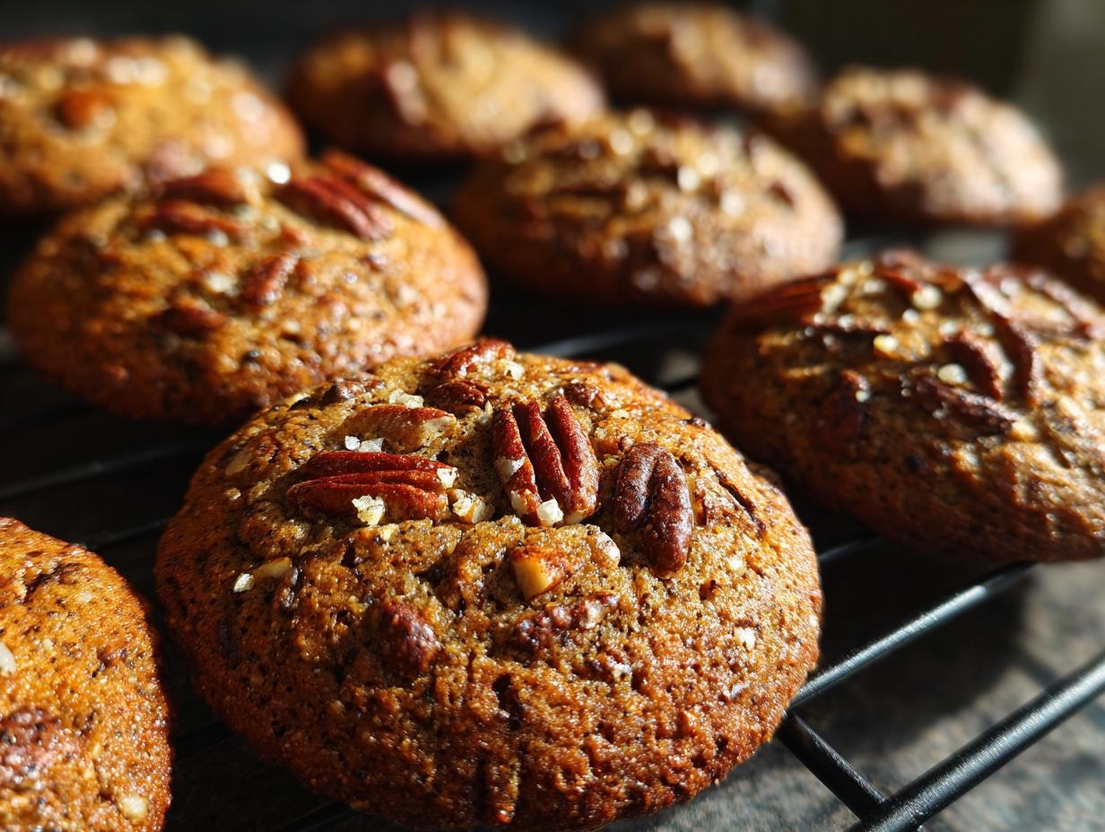 Close-up of pecan-topped Thanksgiving desserts cooling on a rack, perfect for busy weeknights.