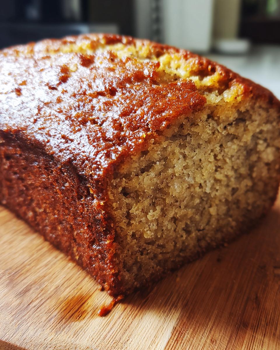 Close-up of a loaf of perfect banana bread on a wooden board, showcasing its texture and golden-brown crust.