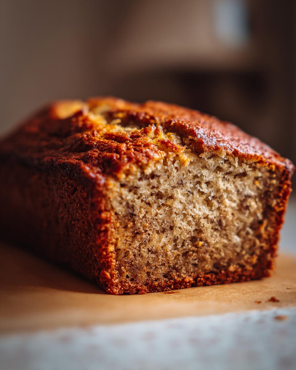 Close-up of a loaf of perfect banana bread, showing the texture and golden-brown crust.