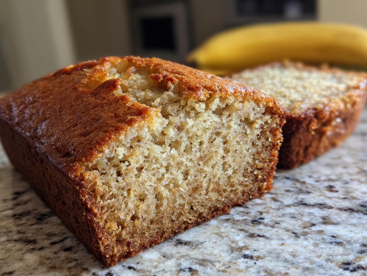 Close-up of a sliced loaf of perfect banana bread, showcasing its moist texture and golden crust.