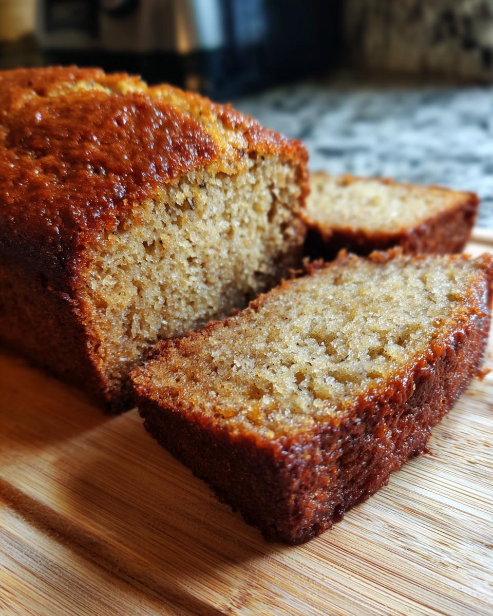 A sliced loaf of perfect banana bread on a wooden cutting board. Close-up view of the texture and golden-brown crust.