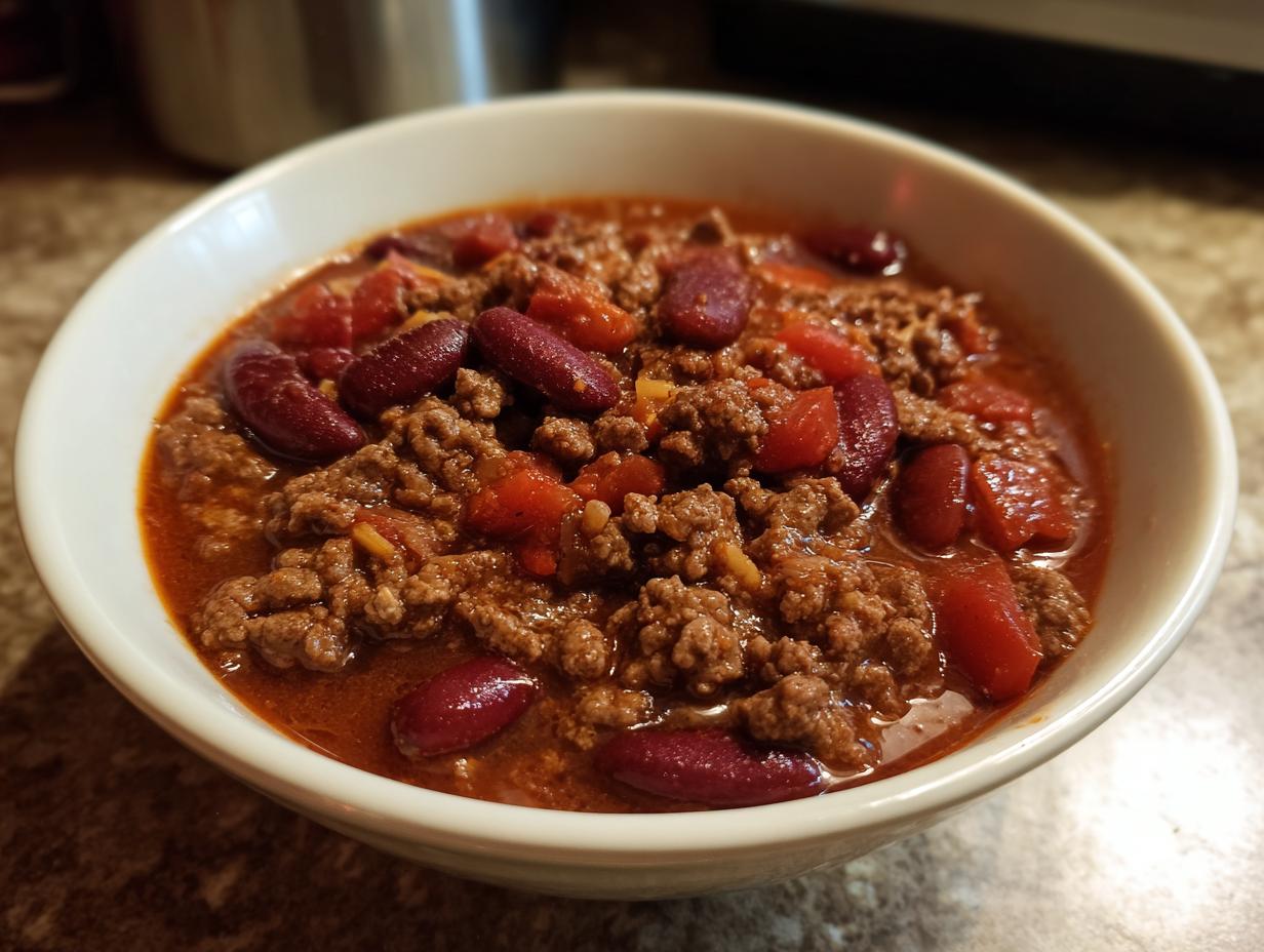 Bowl of chili with ground beef, kidney beans, and tomatoes, showcasing perfect dinner ideas.