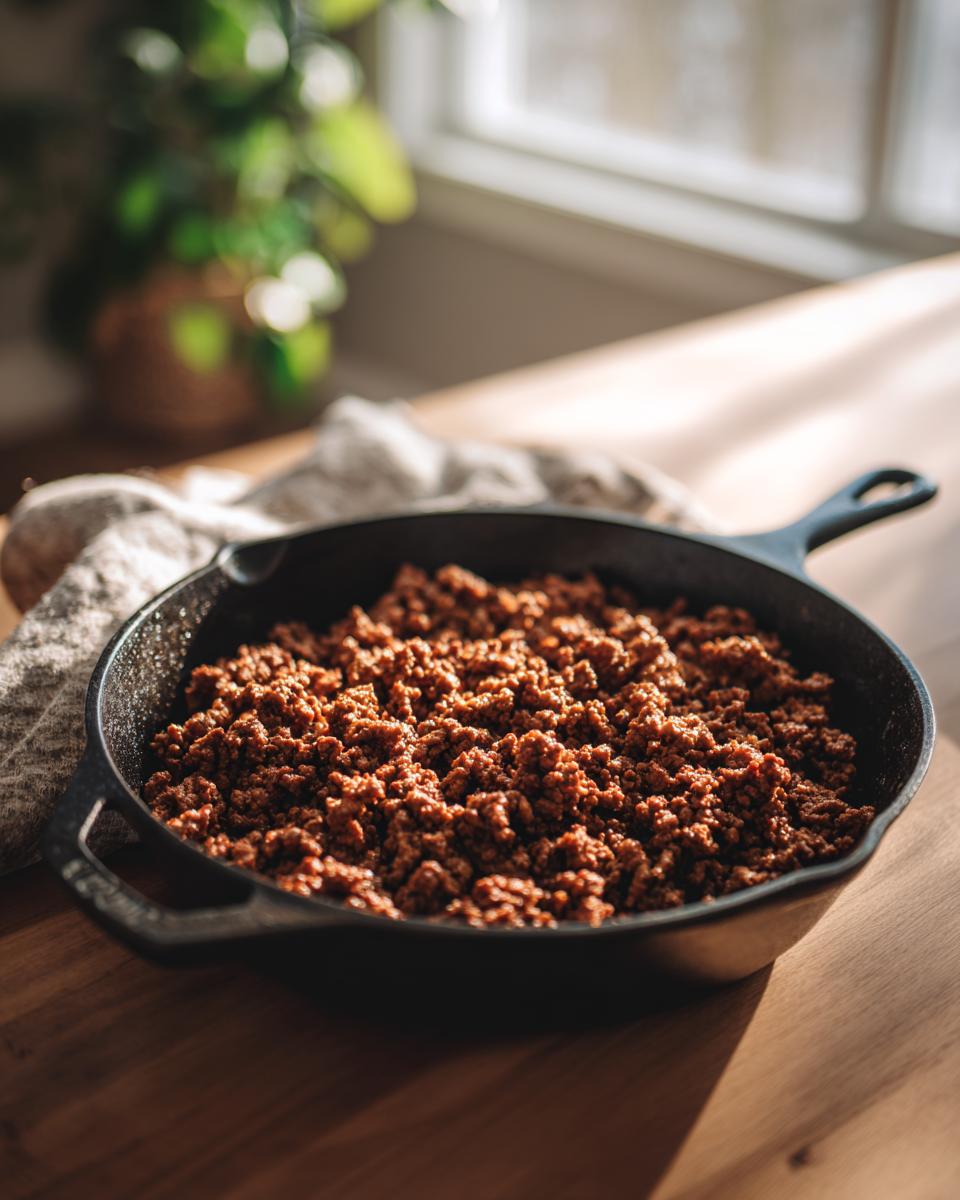 Cooked ground beef in a cast iron skillet, showcasing what makes perfect ground beef recipes.