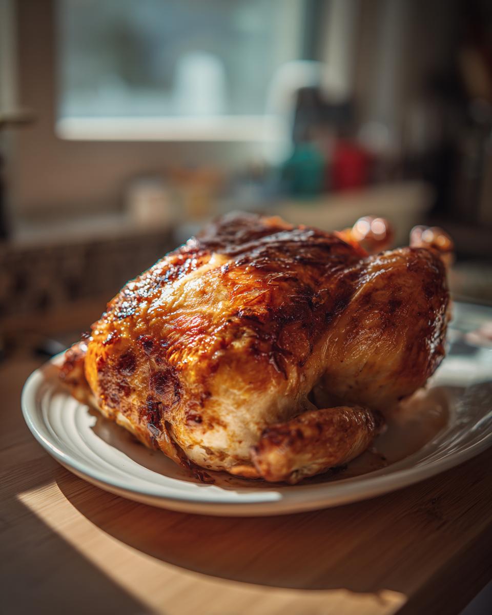 Golden brown roasted chicken on a white plate, showcasing What Makes Perfect Chicken? Try This recipe.