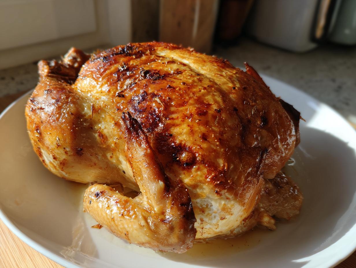 Golden brown roasted chicken on a white plate. Learn what makes perfect chicken? Try This recipe!
