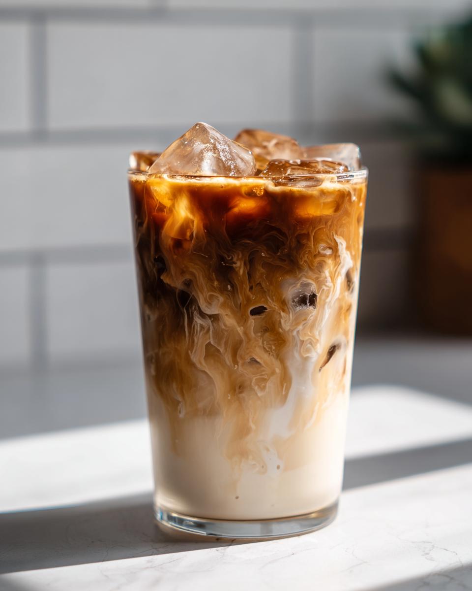 Iced coffee drink, showcasing what makes perfect Starbucks drinks with layers of coffee, milk, and ice in a clear glass.