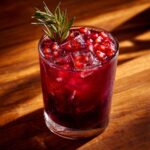 A refreshing pomegranate cocktail, one of our 5-Ingredient Thanksgiving Drinks, garnished with rosemary.