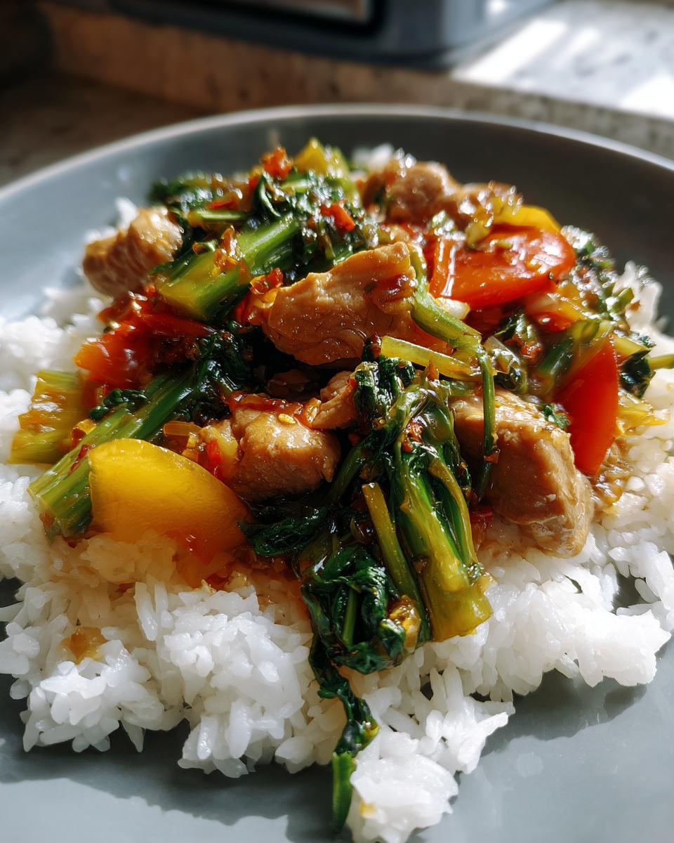 Pork stir fry with vegetables served over white rice, a great dinner idea for a quick and easy meal.