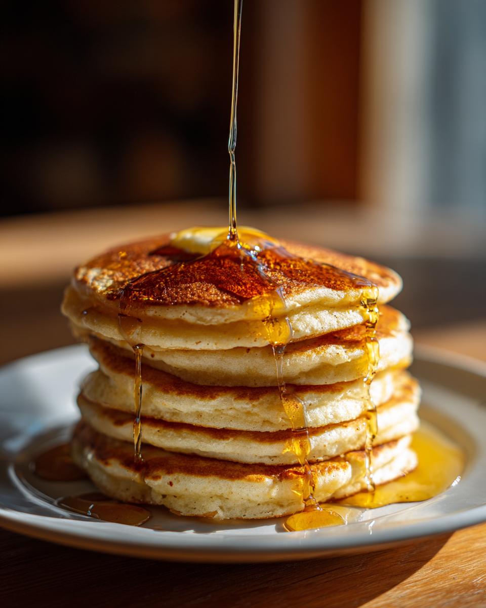 A stack of Protein Ghost Pancakes being drizzled with syrup on a white plate, ready to eat.