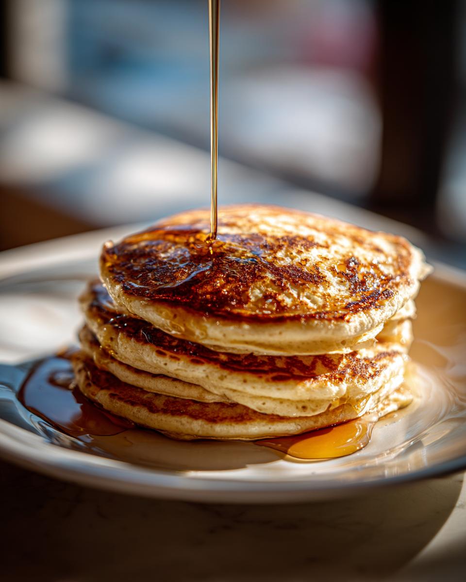 A stack of Protein Ghost Pancakes with syrup being poured on top, ready to eat.
