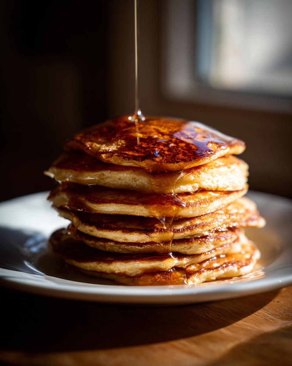 A stack of golden Protein Ghost Pancakes on a white plate, drizzled with syrup.