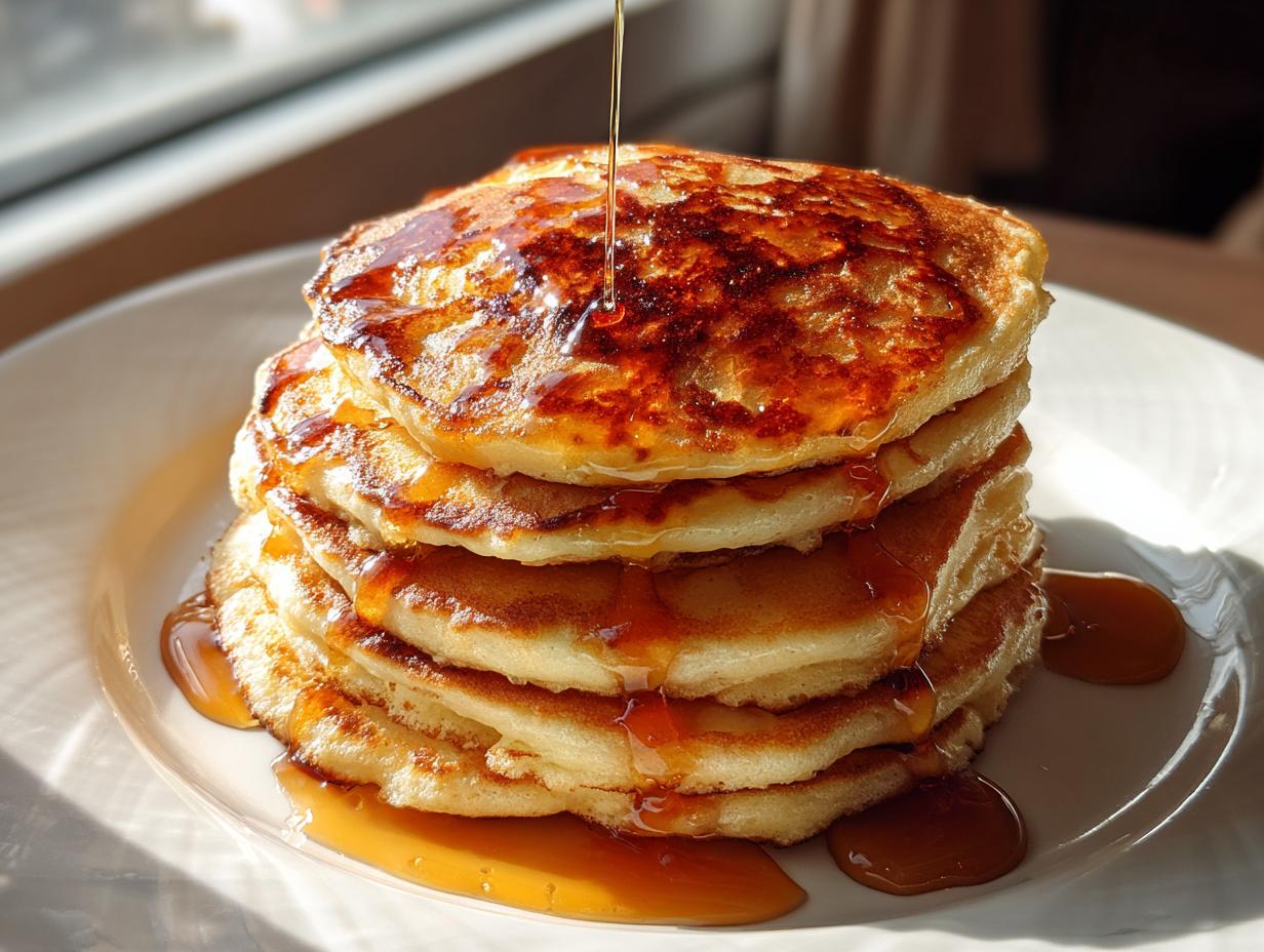 A stack of Protein Ghost Pancakes drizzled with syrup on a white plate, ready to eat.